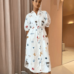 graffiti printed puff short sleeve single breasted belt dress