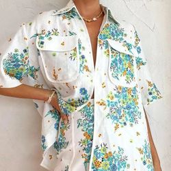 Two Piece Floral Printed Short Sleeve Shirt Tie Short Set