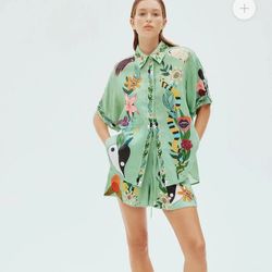 floral short sleeve shirt tie short two piece set