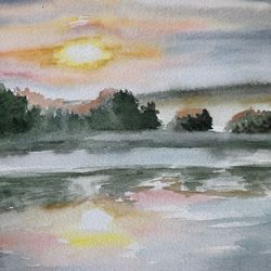 Sunset over the river landscape original watercolour painting wall art hand painted