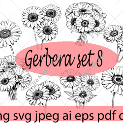 Gerbera svg, Daisy svg, Cute Wildflower, Gerbera set, Botanical Floral Clipart, Garden Plant Silhouette, Wedding Vinyl C