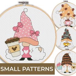 Cross stitch patterns - 4 coffee gnomes
