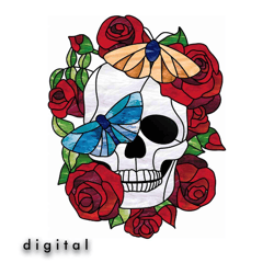 Stained Glass Rose And Skull Pattern