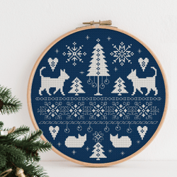 Cat cross stitch pattern, Modern sampler, Blackwork embroidery, Counted cross stitch pattern Holiday