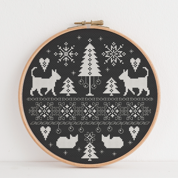 blackwork embroidery pattern cats