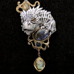 Brooch White Dragon, Dragon, Brooch with stones, unique brooch