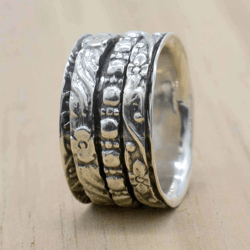 Chunky Fidget Spinner Anxiety Ring For Women, 925 Sterling Silver Oxidized Rustic Handmade Unique Jewelry, Gift For Her