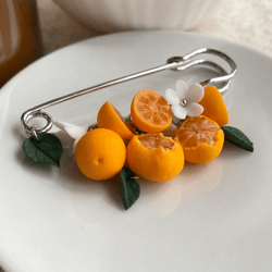 Tangerine brooch, Winter Christmas gift, Orange mandarin jewelry
