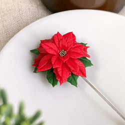 Poinsettia pin, Winter Christmas gift, Red poinsettia jewelry, Christmas red pin