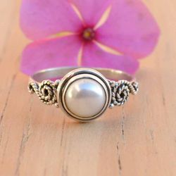 White Pearl Ring, Sterling Silver Ring, Boho Birthstone Ring, Gemstone Jewelry Unique Jewelry, Handmade Gift For Women