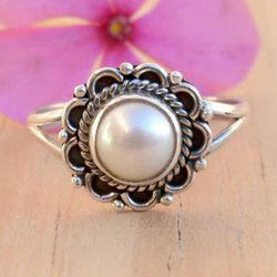Flower Pearl Ring, Silver Oxidized Jewelry, Pearl Stone Ring Sterling Silver, Pearl Statement Ring Women, Wedding Gift