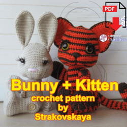 Set crochet pattern 2 in 1 adorable  Bunny and Kitten