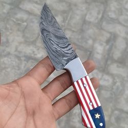custom handmade damascus steel hunting knife, skinning knife, pocket knife, us flag pattern handle