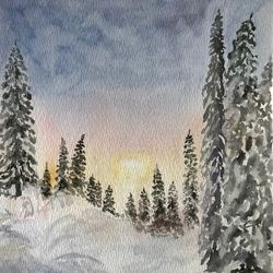 Winter forest landscape original watercolour painting wall art hand painted