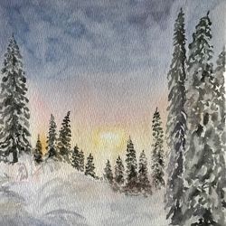 winter forest landscape original watercolour painting wall art hand painted
