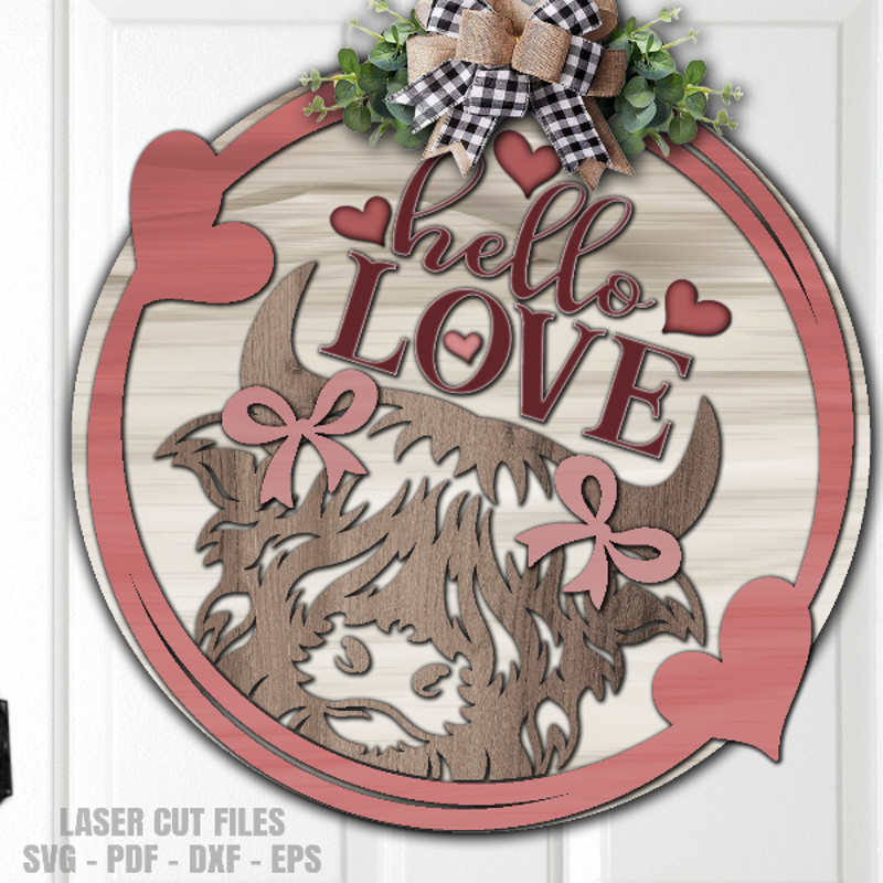 Valentine Highland Cow Door Hanger SVG Laser Cut Files Highland Cow SVG Valentine SVG Welcome Sign SVG Glowforge Files 2 DXF.png