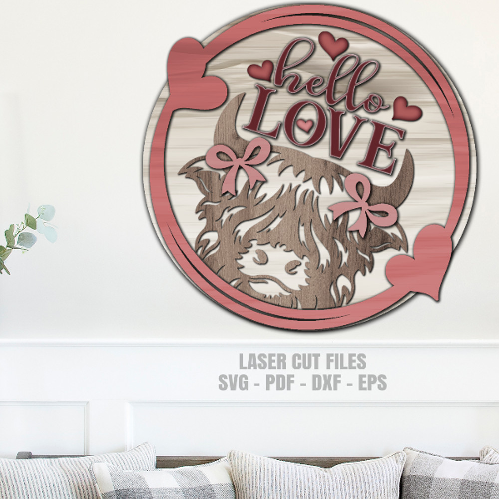 Valentine Highland Cow Door Hanger SVG Laser Cut Files Highland Cow SVG Valentine SVG Welcome Sign SVG Glowforge Files 3.png