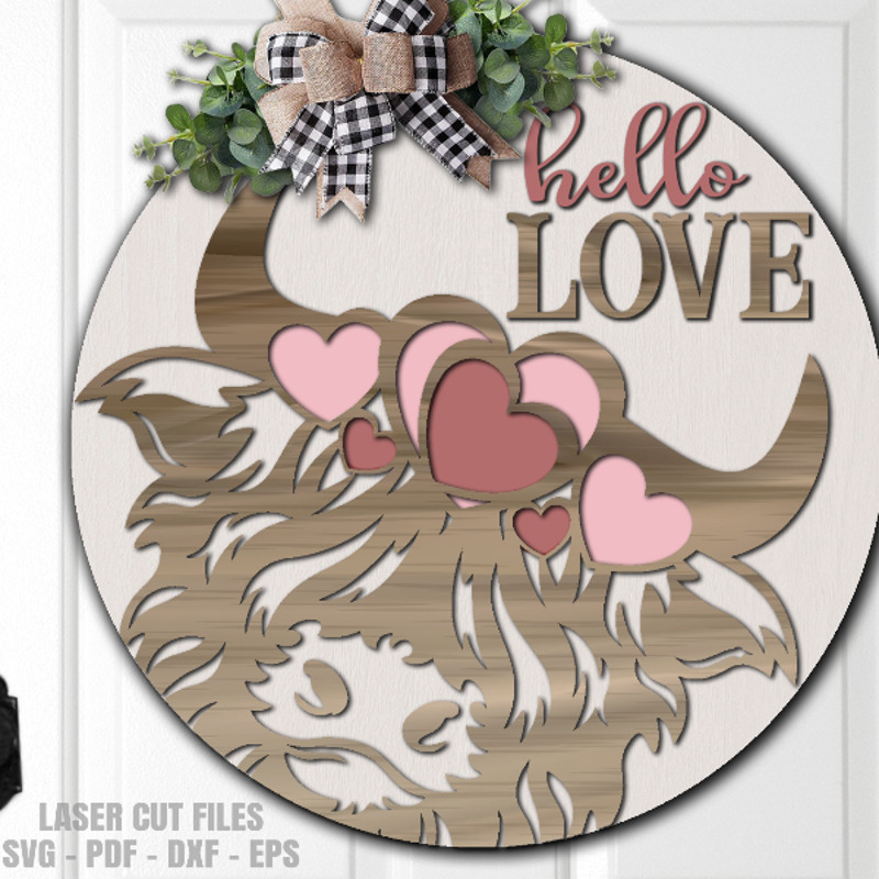 Highland Cow SVG Valentine Door Hanger SVG Laser Cut Files Hello Love SVG Heart SVG Glowforge Files 2 DXF.png