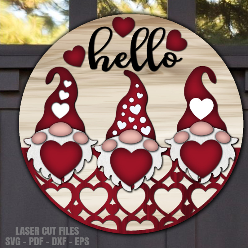 Hello Love SVG - Valentine Gnome Door Hanger SVG - Laser Cut Files - Gnome SVG -Valentine SVG - Glowforge Files