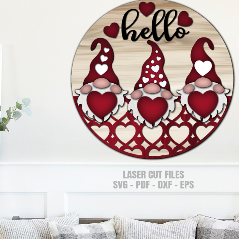 Valentine Gnome Door Sign SVG - Hello Love SVG - Laser Cut Files - Gnome SVG - Valentine SVG - Round Door Hanger SVG - Glowforge Files