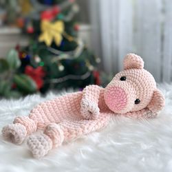 Pig Knotted Lovey, Crochet Pattern Piglet Snuggler, Crochet Animal Amigurumi Comforter Cuddle Toy, baby snuggle animal