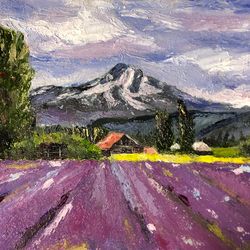 Original oil painting beautiful lavender field Home art wall Decor landscape 6x6 inches