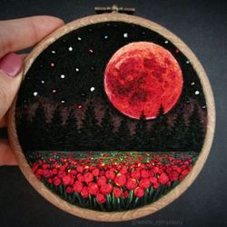 Blood Moon, Felted and embroidered landscape. Night nature lover gift.