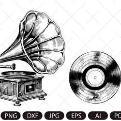 Musical gramophone with vinyl record vintage vector/ Old retro gramophone/ Sketch/ Music SVG drawing clipart