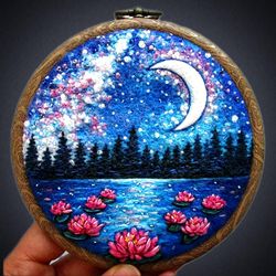 Galaxy night landscape wall decor, Crescent hoop art, Felted and embroidered landscape.