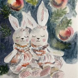 Cute bunnies toys painting children room wall art original watercolour hand painted modern painting