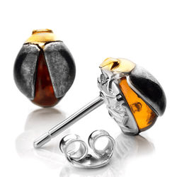 scarabaeus, silver earrings baltic natural amber, sterling silver 925, stamped, cognac amber color