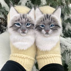 Unique handmade animal mittens. Warm woolen women's mittens with cats. Cute warm gloves for adults and children