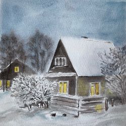 Winter evening in the village original watercolour painting wall art hand painted