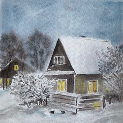 winter evening in the village original watercolour painting wall art hand painted