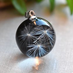 Real dandelion necklace. Dried dandelion pendant. Sphere dandelion in resin.