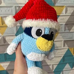 Handmade crochet toy bluey Santa Claus dog perfect gift for kids. Adorable and cuddly, this unique toy will bring joy