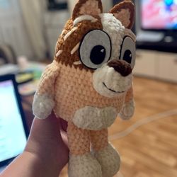 Handmade crochet chilli dog bluey toy gift for kids. Adorable and cuddly, this unique toy will bring joy to any child