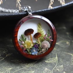 Mushrooms pendant in a wooden frame. Forest pendant. Dried mushroom jewelry.