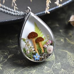 Real mushrooms pendant. Forest pendant. Dried mushroom jewelry.