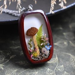 Mushroom pendant in a wooden frame. Forest pendant. Dried mushroom jewelry.