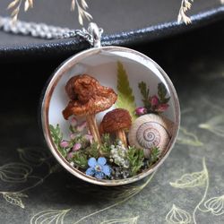 Mushrooms jewelry. Forest pendant. Dried mushroom necklace.