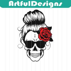 messy bun skull, skull png, sugar skull, messy bun sublimation, halloween mom png svg