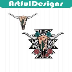 cow skull western aztec sublimation design, wester png, western clipart, cowgirl retro png, western digital designs