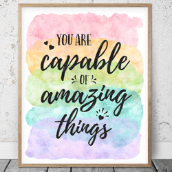 You Are Capable Of Amazing Things, Printable Wall Art, Rainbow Nursery Prints, Kids Room Wall Decor, Classroom Posters