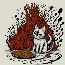 Cat eating messy spaghetti Instant Download.