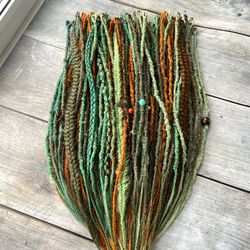 Ginger and green boho synthetic Single ended dreadlocks, ready to ship