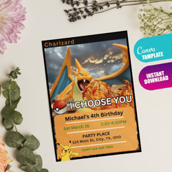 digital pokemon charizardd invitation | pokemone birthday party theme | pokemon card birthday invitation