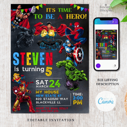 superhero invitation, avenger editable invitation, iron man party, canva personalized printable and instant download