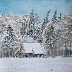 House in the winter forest original watercolour painting wall art hand painted
