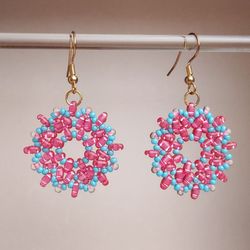 Round pink blue earrings beaded earrings dangle earrings